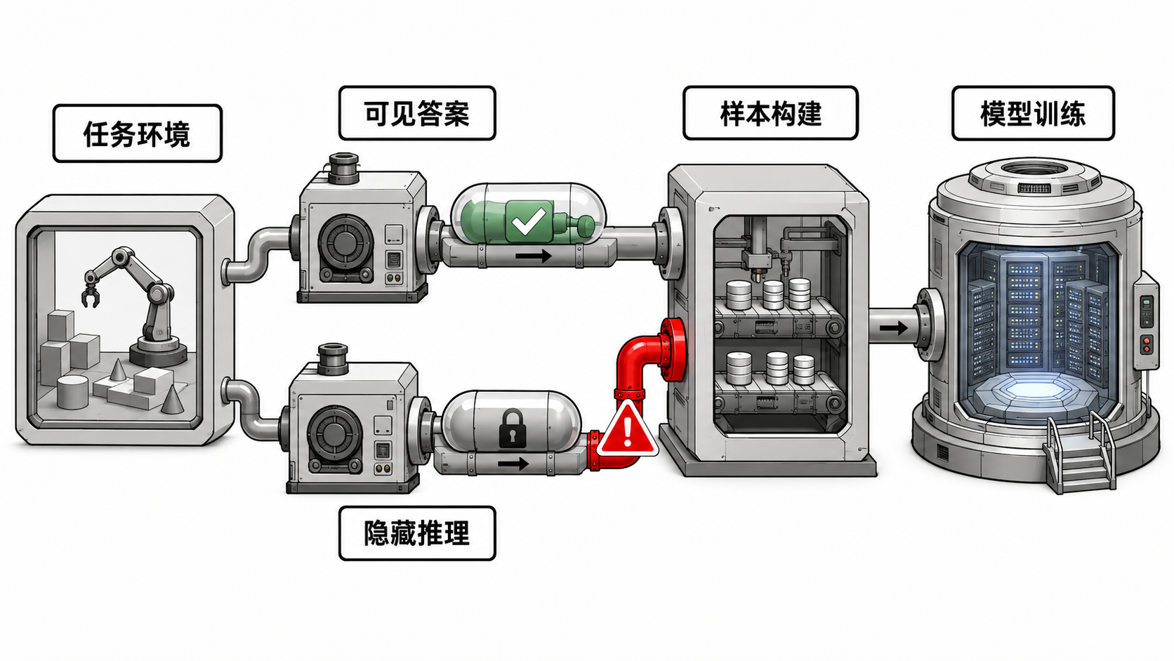 点击查看高清原图 流程图:Chain-of-thought 训练串漏路径。任务环境产生可见答案和隔离的隐藏推理,错误配置却把隐藏推理跨域接入样本构建并写入模型训练。